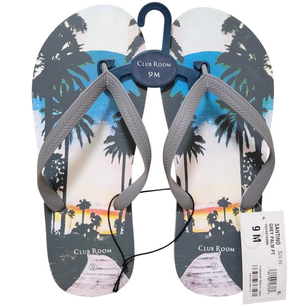 Club Room Men Santino Summer Beach Flip Flop Sandal Size US 9M Grey Palm Trees